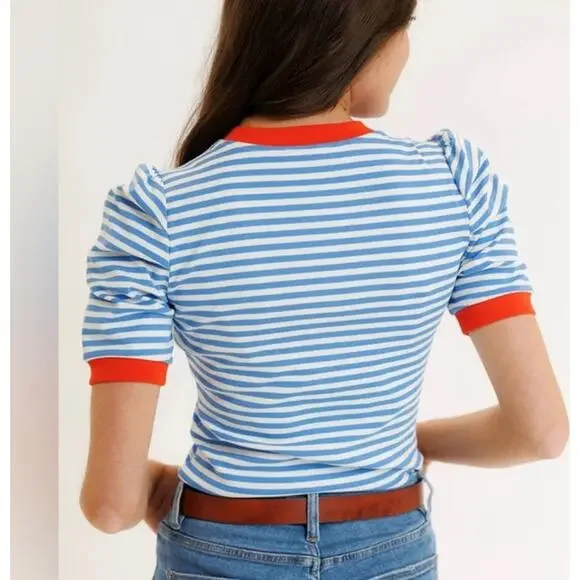 Maeve Anthropologie Sz XL Puff Sleeve Ribbed T-Shirt Blue Striped Casual Preppy - Picture 2 of 12